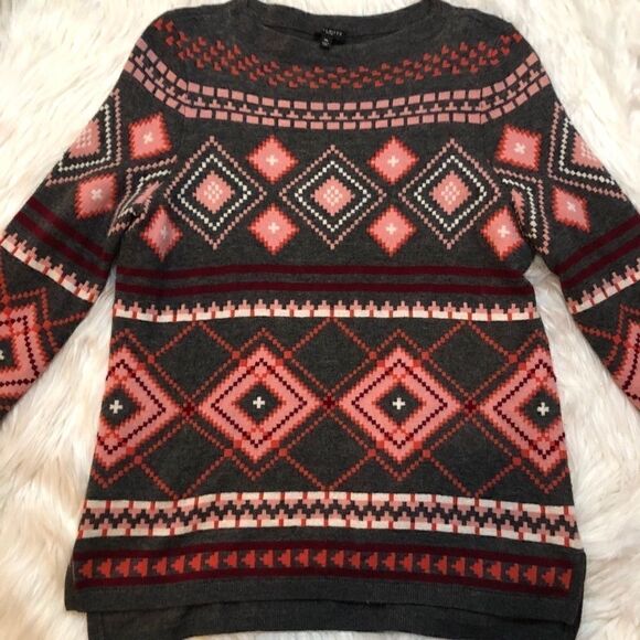 Talbots sweater gray pink Aztec medium petite - Picture 1 of 7
